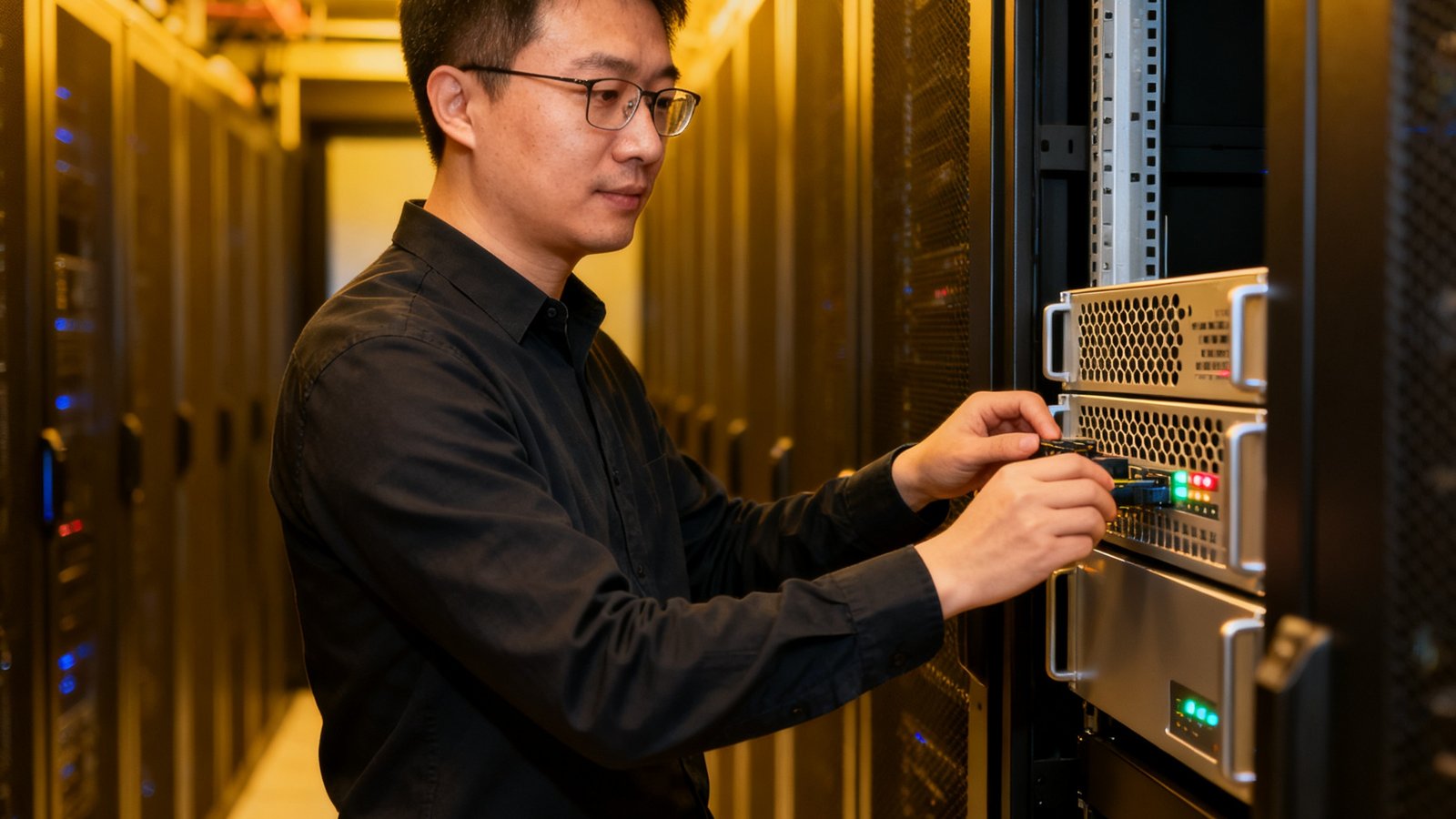 爱游戏首席数据架构师张明远在数据中心调试服务器设备