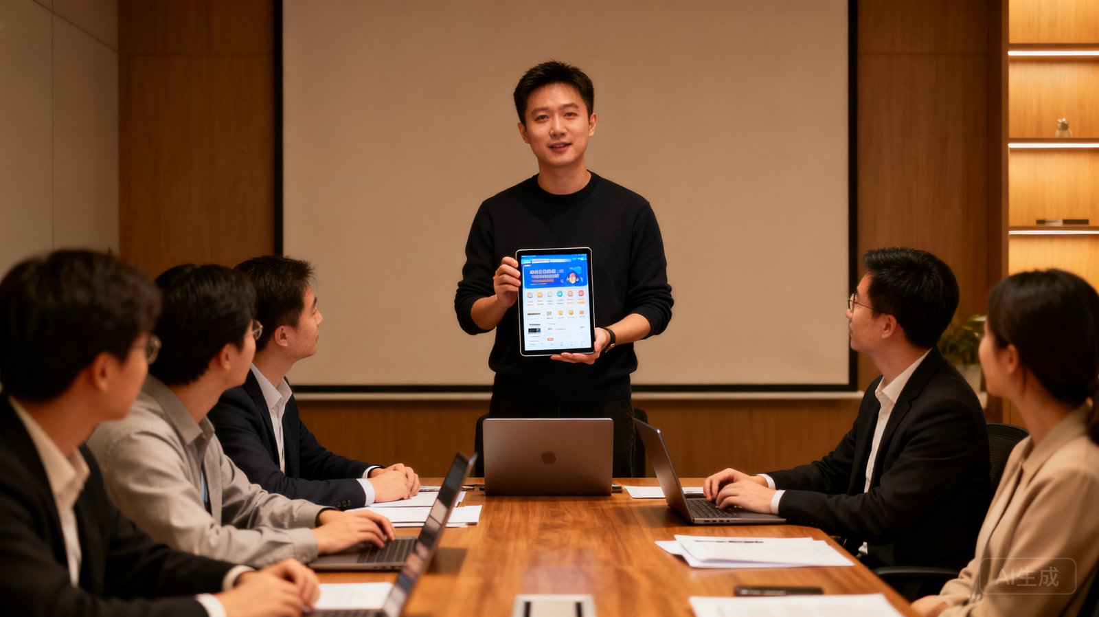 爱游戏移动端开发负责人王浩在会议中展示客户端最新界面